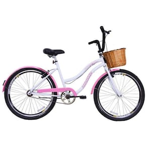 Bicicleta Retrô Vintage Aro 26 Feminina Beach Rosa com Branco com Cestinha