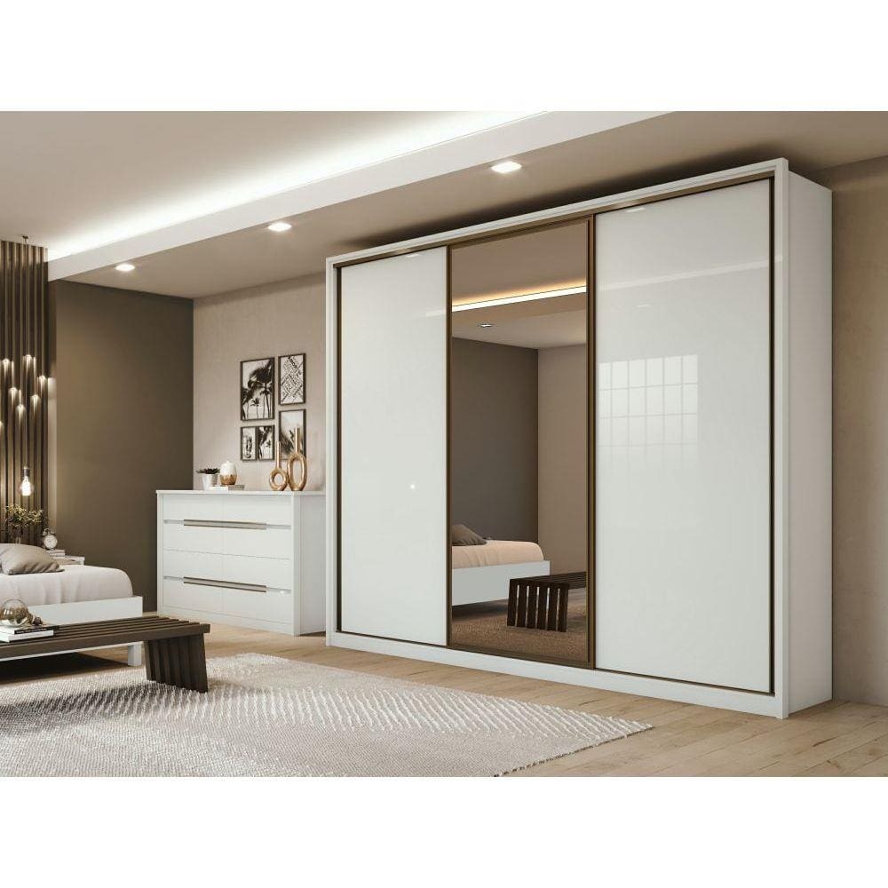 Guarda Roupa Casal com Espelho 3 Portas de Correr 6 Gavetas Spazio Glass Lopas - Branco - ByMobille