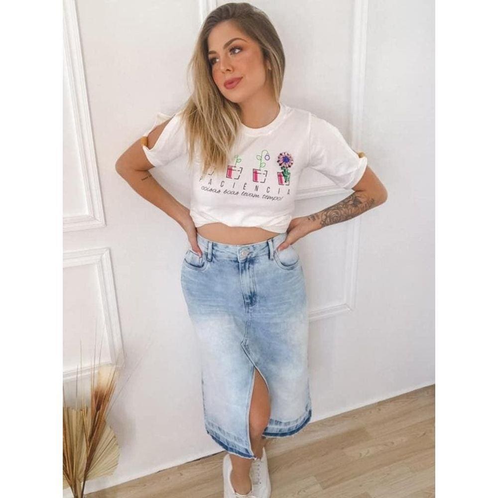 Saia Jeans Cós Alto Com Fenda