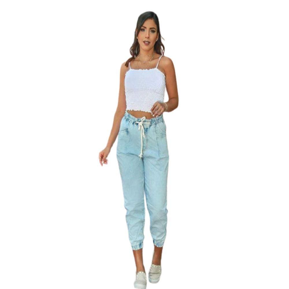 Calça Feminina Jeans Jogger Cós Alto