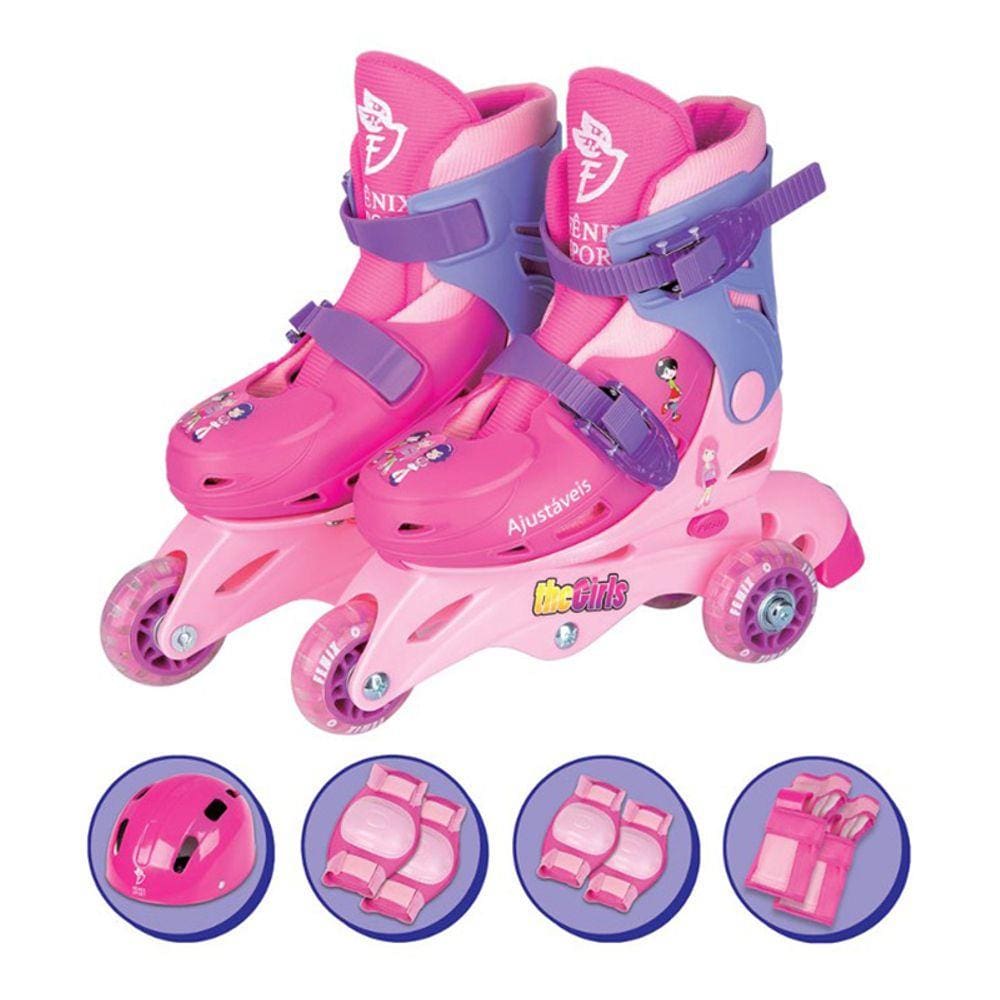 Patins Ajustável Tri-Line/ In-line com acessórios 30/33 - Rosa - Fenix