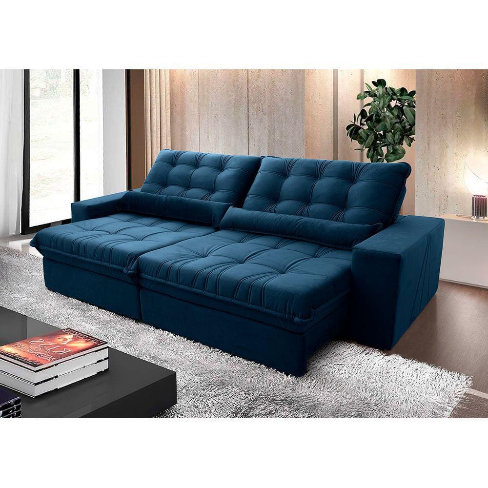 Sofá Retrátil Reclinável Zurique 2,70m Suede Velut Azul Marinho c/ Molas no Assento - King House