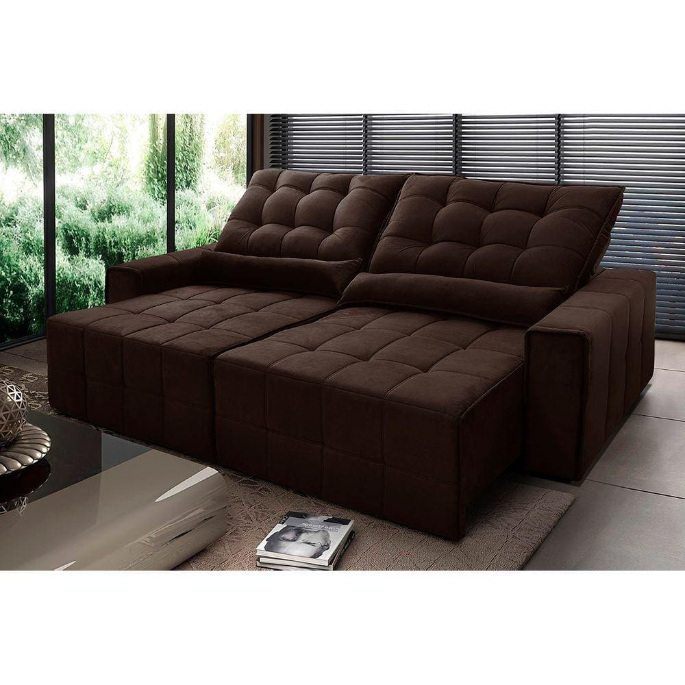 Sofá Retrátil Reclinável Alaska 2,10m Suede Velut Marrom c/ Molas no Assento - King House