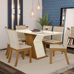 Conjunto Sala de Jantar Mesa 160cm Tampo MDF com Vidro 6 Cadeiras Kesha Casa 812
