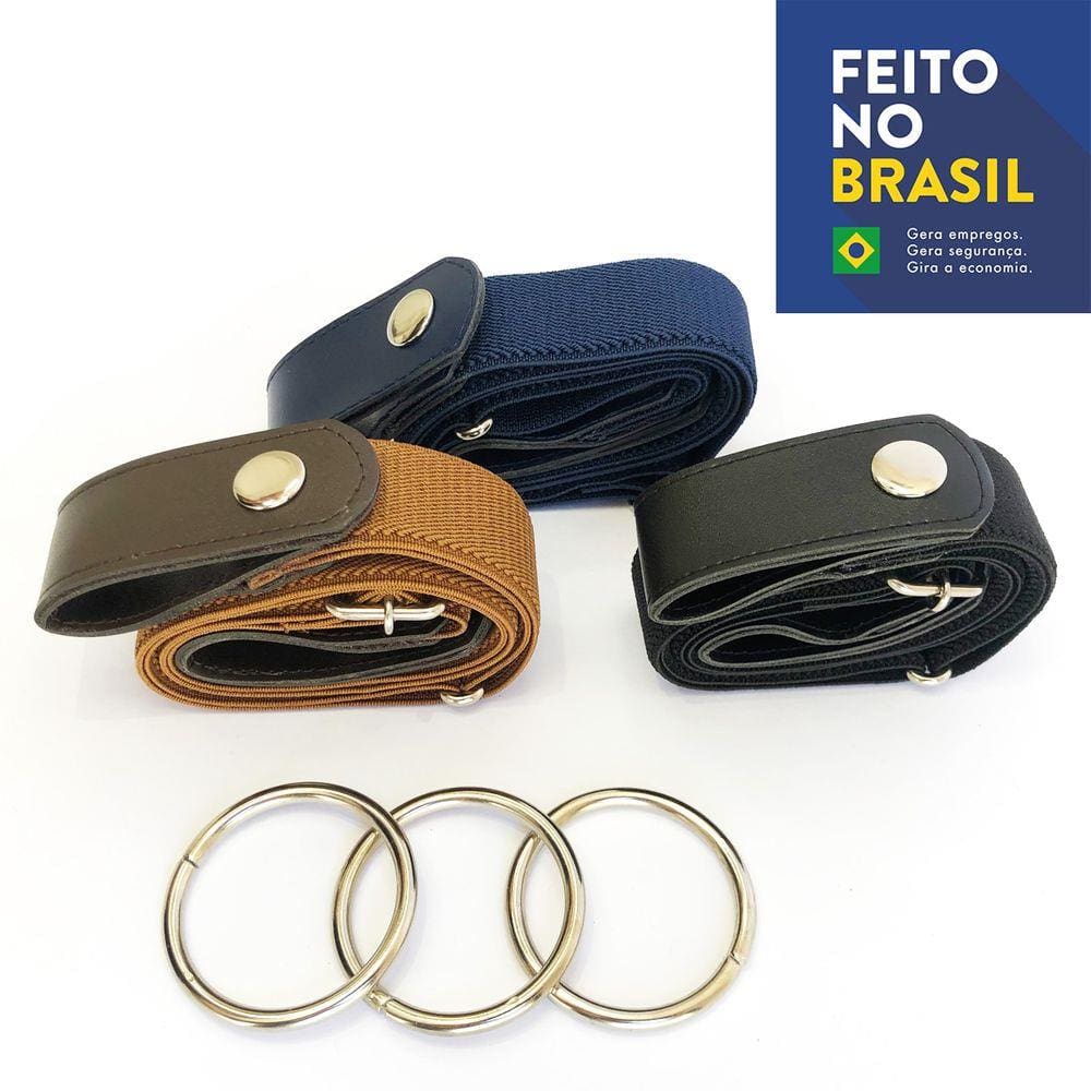 Cinto Sem Fivela Unissex Kit Com 3 - Preto, Marrom E Azul