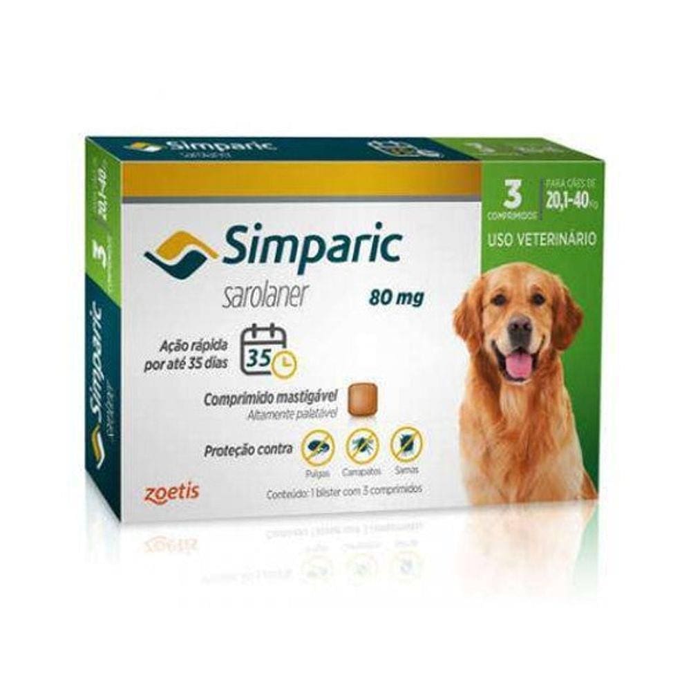 Antipulgas Zoetis Simparic 80 mg para Cães 20,1 a 40 Kg