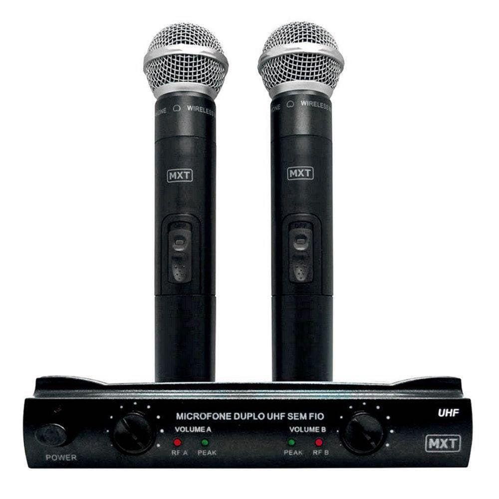 Microfone Duplo de mão sem fio MXT UHF 302 com maleta