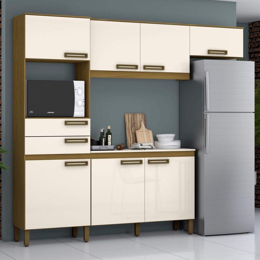 Cozinha Compacta com Tampo 7 Portas 2 Gavetas Jasmine Espresso Móveis Nature/Off White
