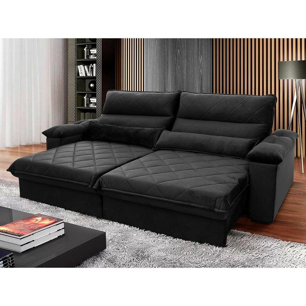 Sofá Retrátil Reclinável Grécia 3,00m Suede Velut Preto c/ Molas no Assento - King House