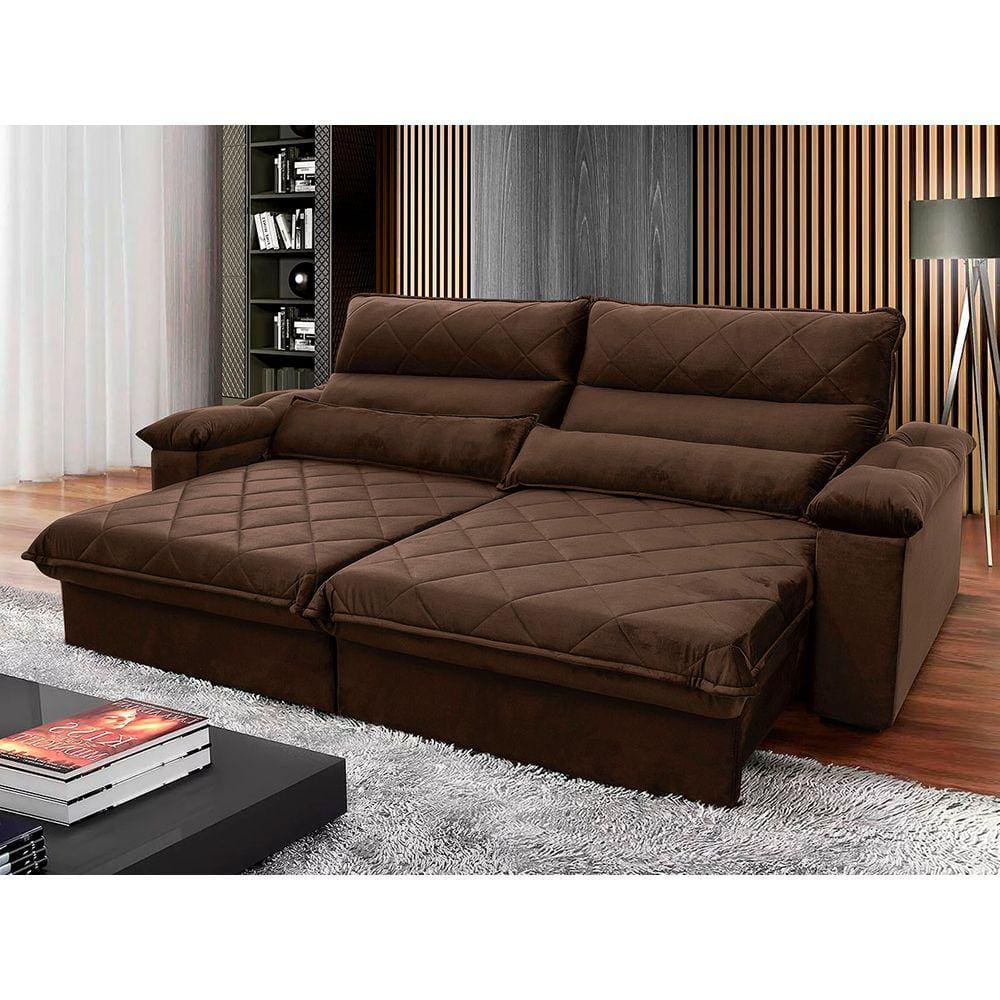 Sofá Retrátil Reclinável Grécia 3,00m Suede Velut Marrom c/ Molas no Assento - King House