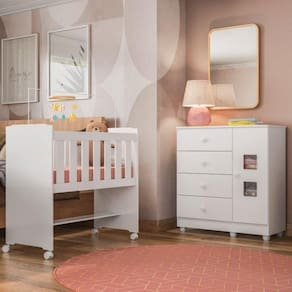 Conjunto Quarto de Bebê  100% MDF Mini Berço com Colchão e Cômoda 1 Porta 4 Gavetas Branco