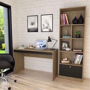 Conjunto Home Office Escrivaninha Livreiro 6 Nichos 1 Porta B31 Nova Mobile Mel/Preto