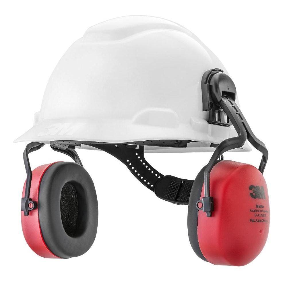 Abafador de Ruídos tipo Concha Muffler Acoplável em Capacete Vermelho e Preto 3M
