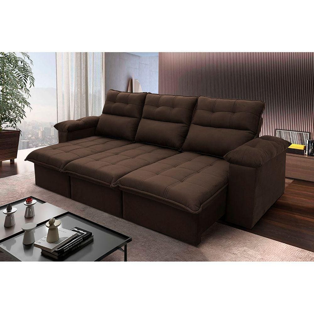 Sofá Retrátil Reclinável Verona 2,30m Suede Velut Marrom c/ Molas no Assento - King House