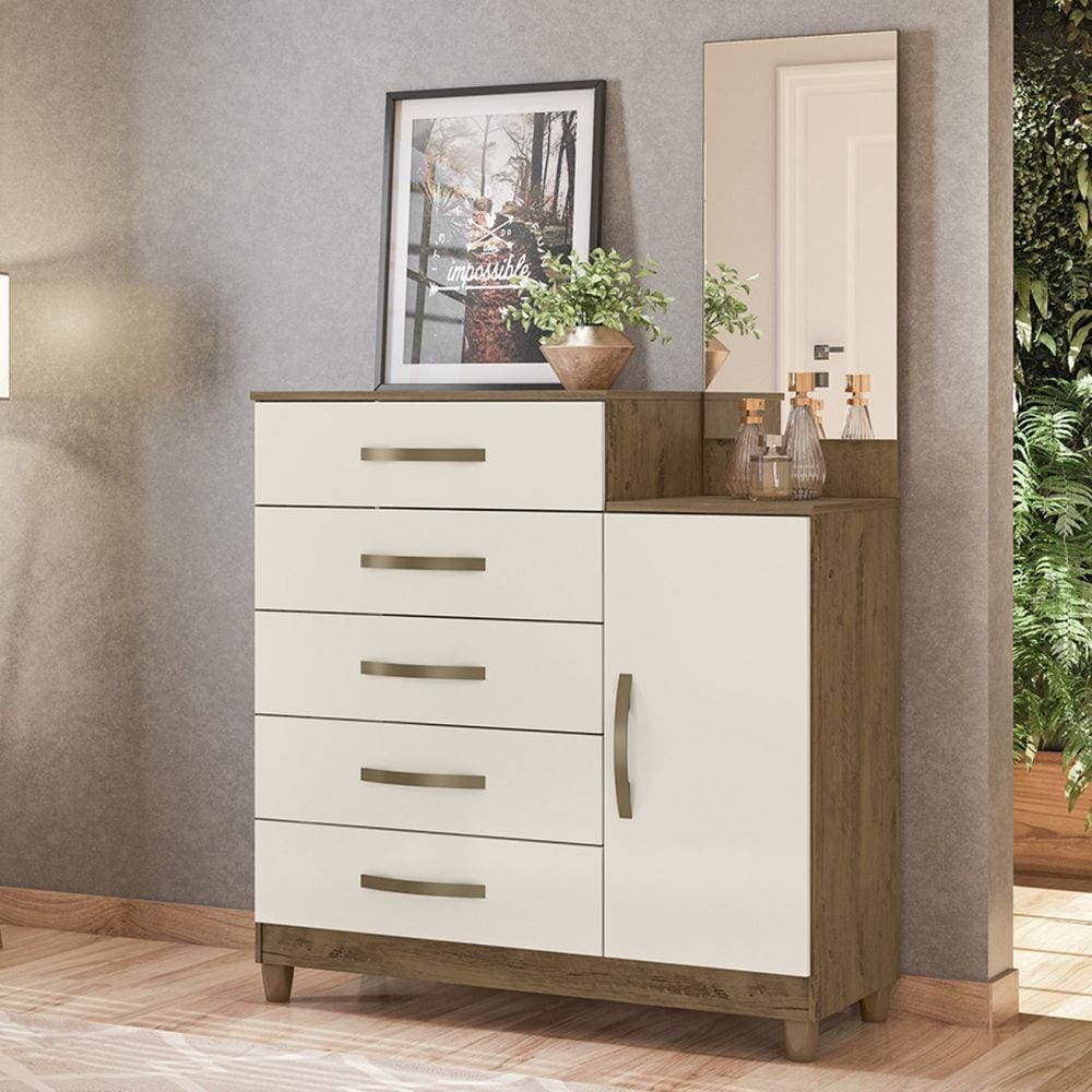 Cômoda com 5 Gavetas 1 Porta Espelho Lisboa Moval Castanho Wood/Baunilha