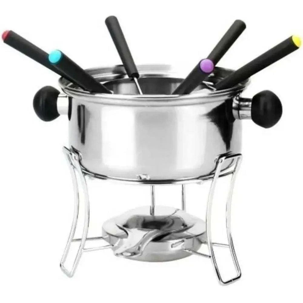 Conjunto Fondue Kit Aço Inox 10 Peças Fogareiro Panela Chocolate Queijo Aparelho Cozinha Gourmet