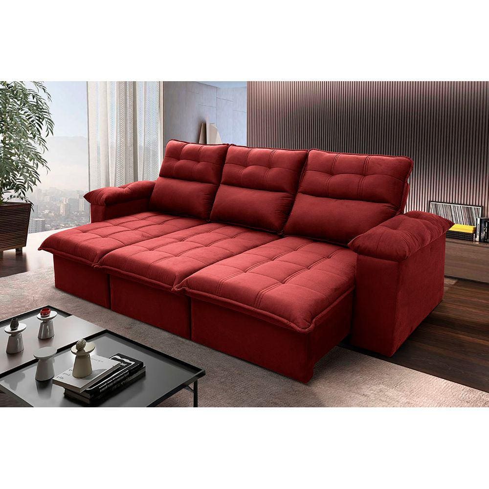 Sofá Retrátil Reclinável Verona 2,30m Suede Velut Vermelho c/ Molas no Assento - King House