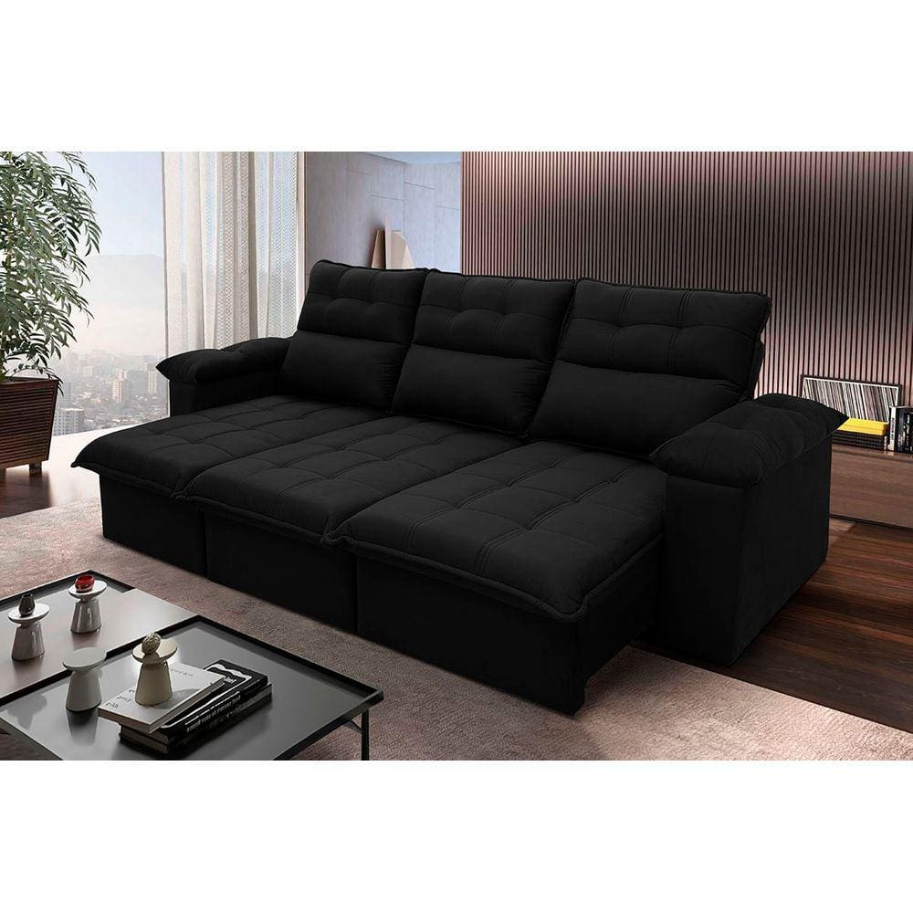 Sofá Retrátil Reclinável Verona 2,30m Suede Velut Preto c/ Molas no Assento - King House