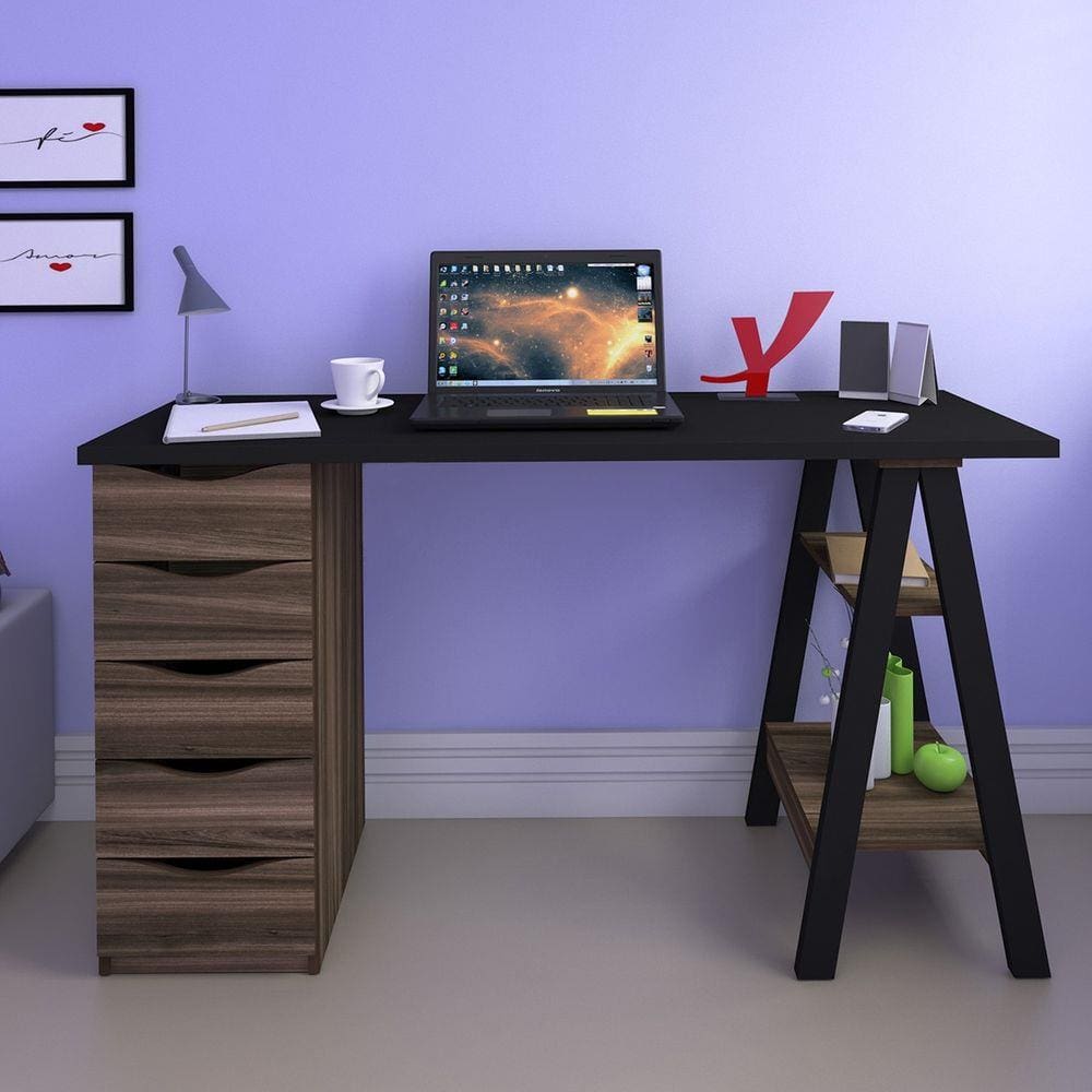 Mesa Escrivaninha Retrô 5 Gavetas e Cavalete Artany Spirit II Preto/Ipê