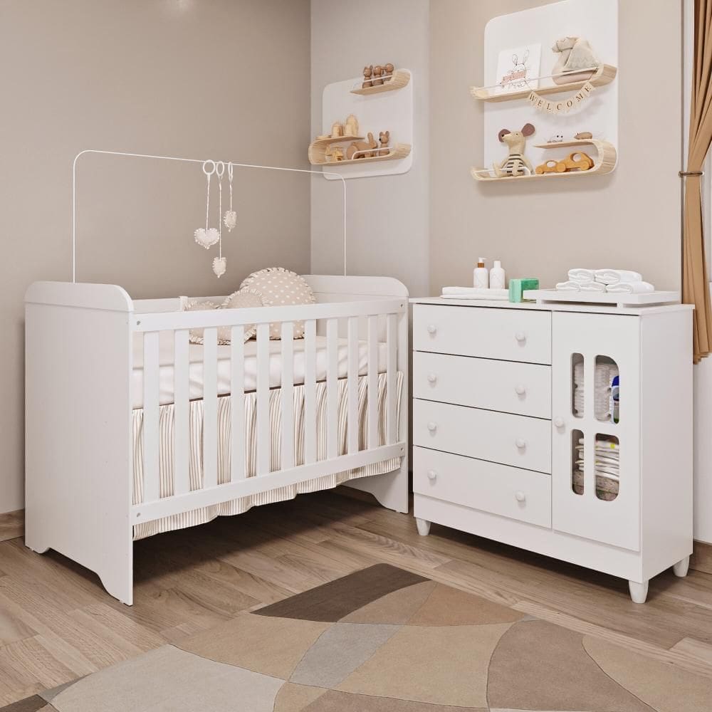 Quarto de Bebê Cômoda com Fraldário Berço 3 em 1 Gabrielle Branco Brilho Carolina Baby