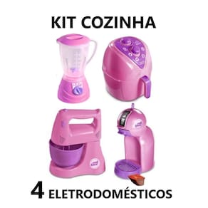 Kit Cozinha Infantil com 4 Brinquedos Eletrodomésticos Airfryer, Batedeira, Cafeteira Capsula e Liquidificador