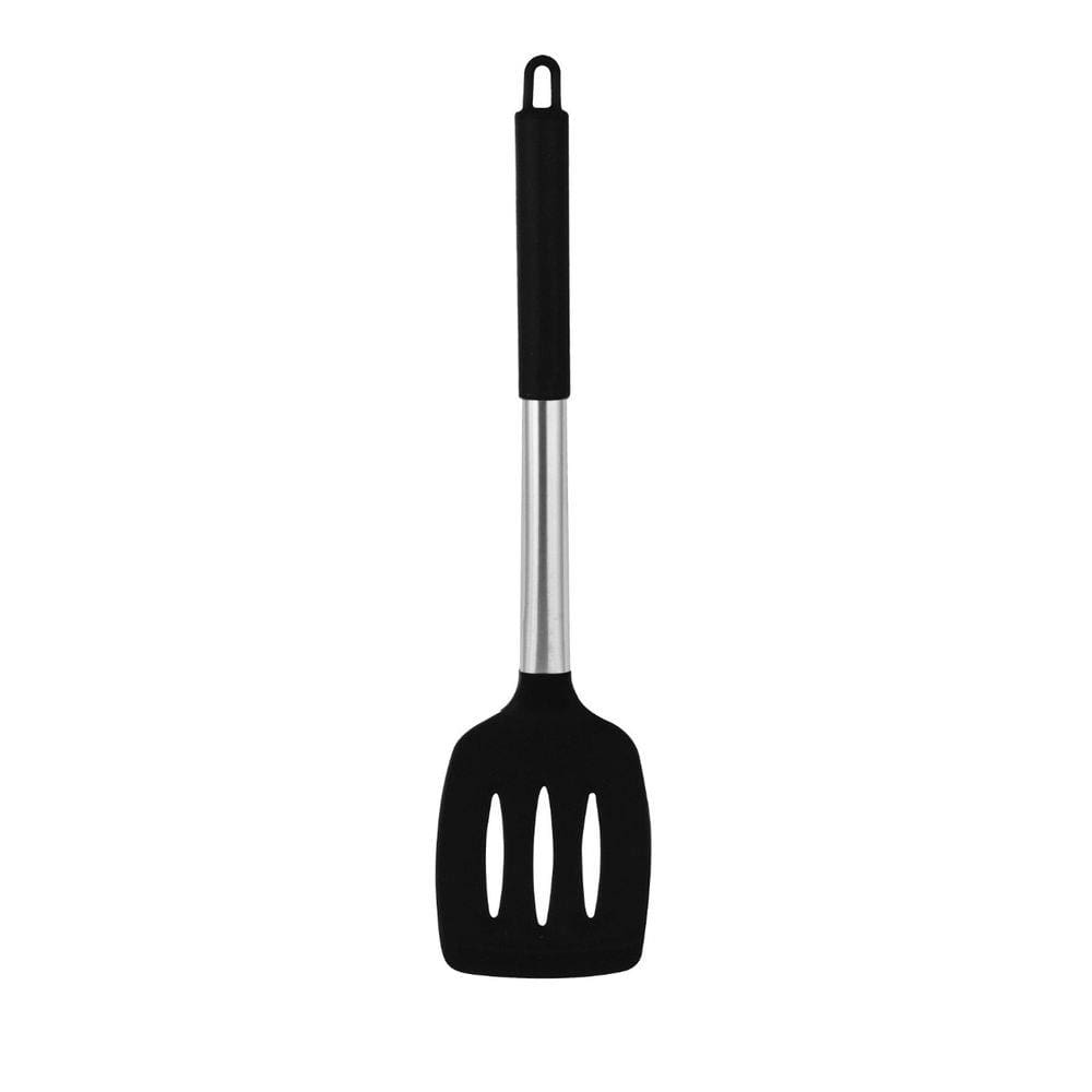 Espátula Vazada Cabo de Metal e Silicone com 35cm Cor Preta.