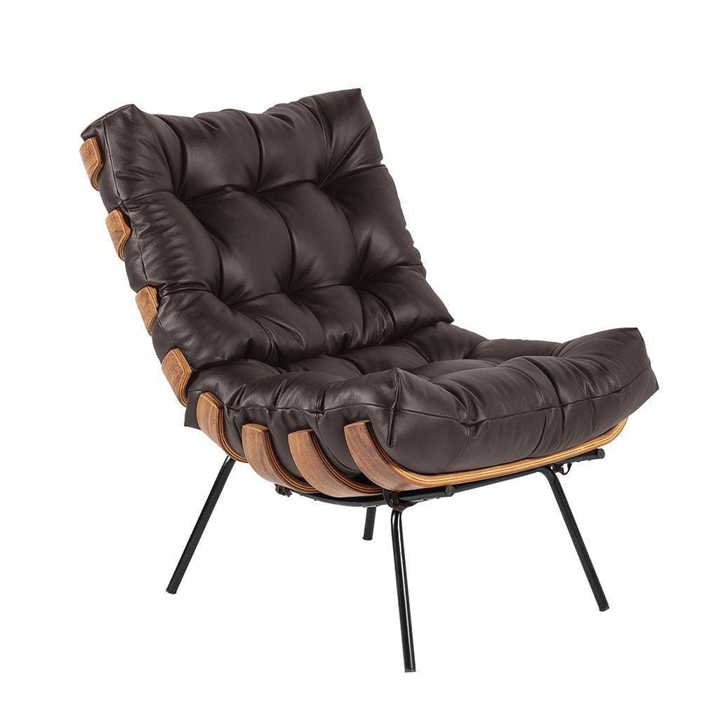 Poltrona Costela Couro Legítimo Base De Metal Preto Marrom