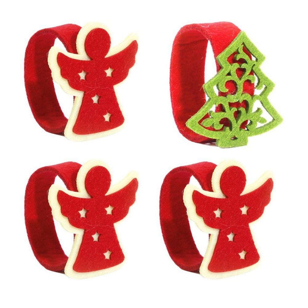 Kit Porta Guardanapo Feltro Decorado Natal Anjo e Pinheiro Verde Anel 4 Peças - Magizi