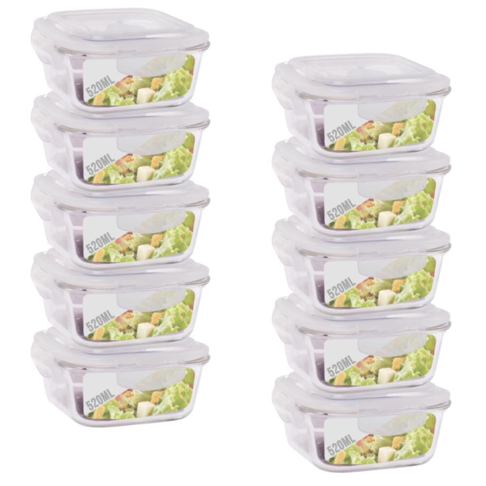 Jogo 10 Pote Vidro 520ML Forno Microondas Quadrado Hermetico