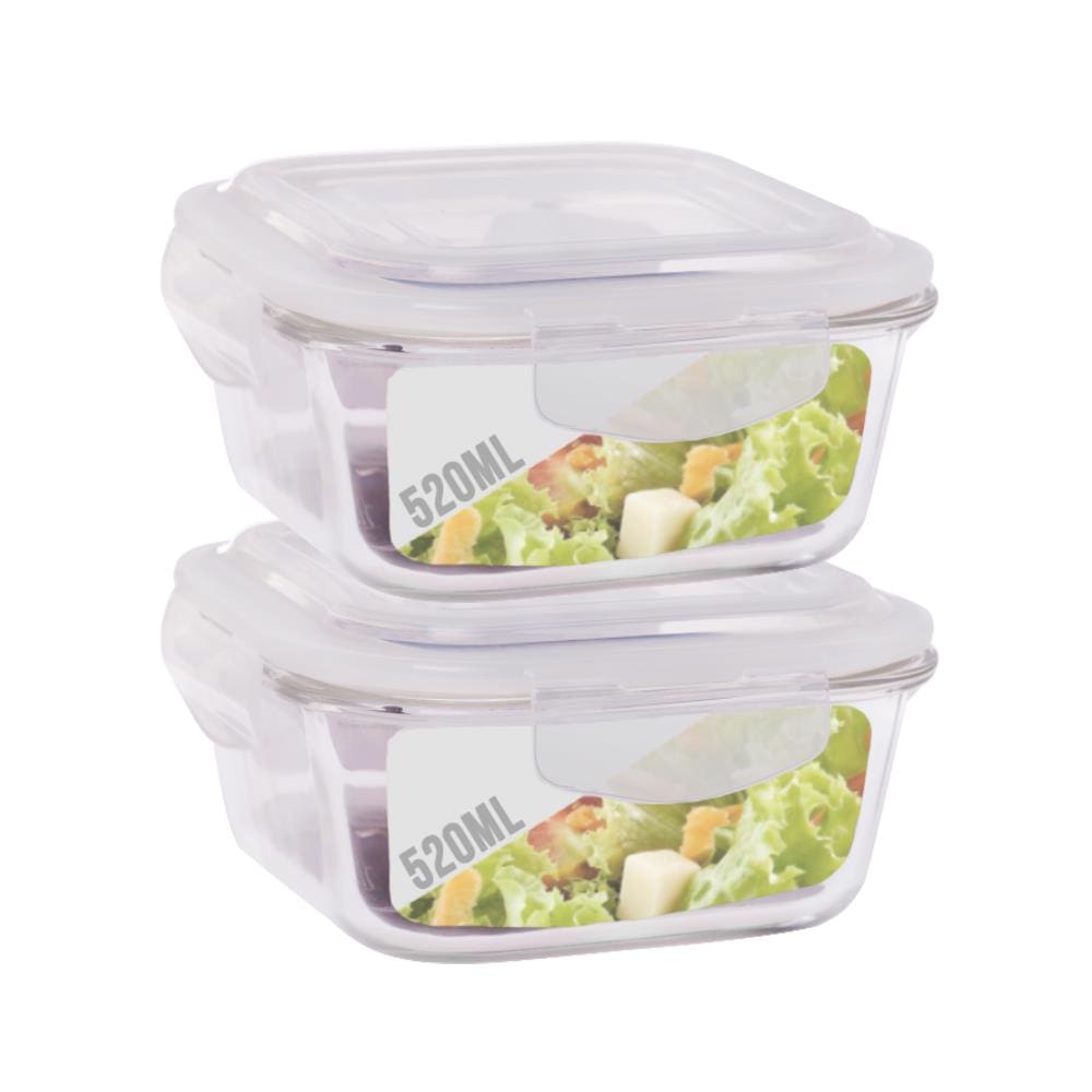 Jogo 2 Pote Vidro 520ML Forno Microondas Quadrado Hermetico