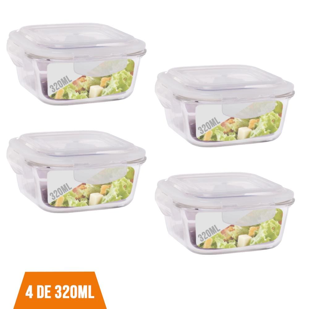 4 Potes Vidro Quadrado 320ml Tampa Hermética Pequeno Papinha