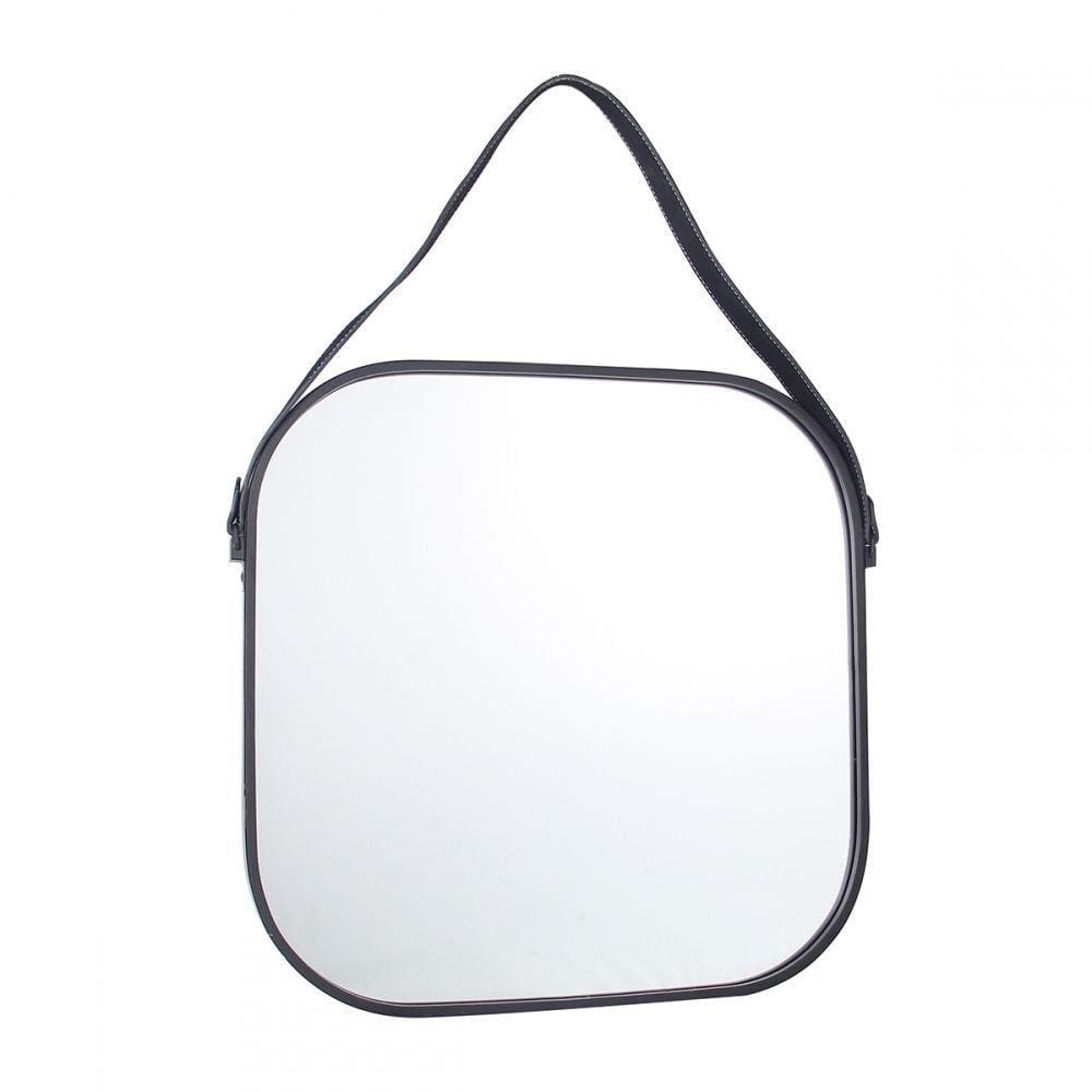 Espelho Quadrado Decorativo Preto Alça Couro 51x3CM KV0115