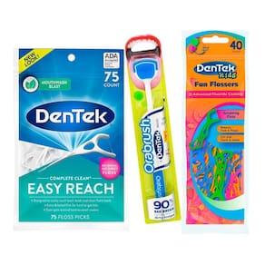 Kit Dentek Escova de Língua Orabrush + Fio Dental Easy Reach c/ 75 un + Fio Dental Kids Fun c/ 40 un