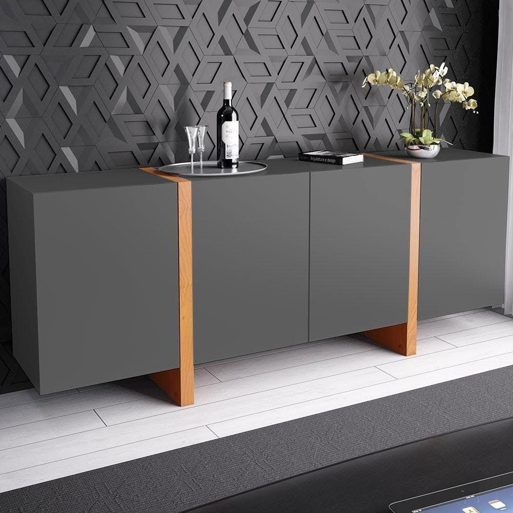 Buffet Barone 4 Portas 1 Gaveta Interna 200cm Laca Grafite
