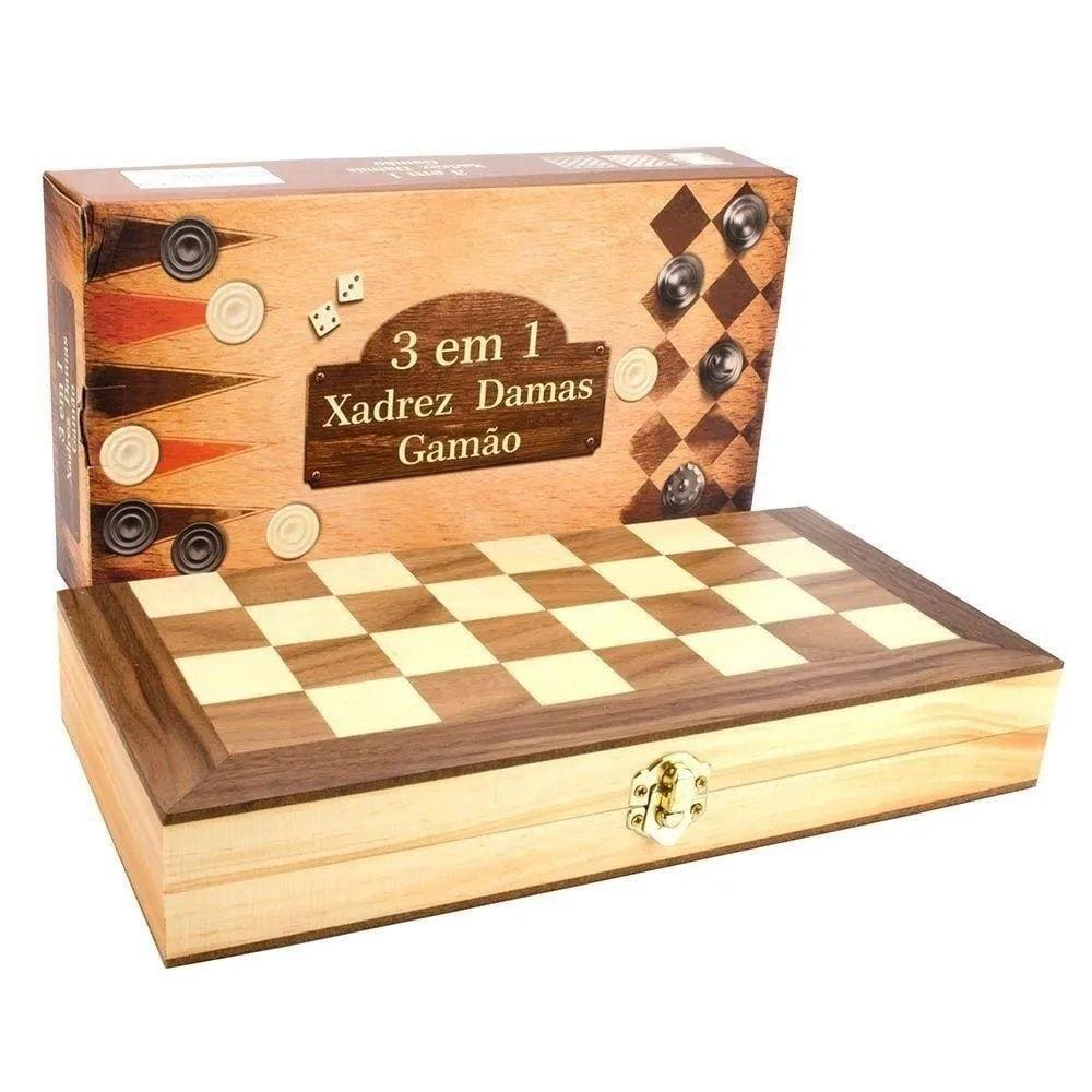 Jogo de Xadrez Gama Gamão Dobrável Tabuleiro em Madeira 30cm