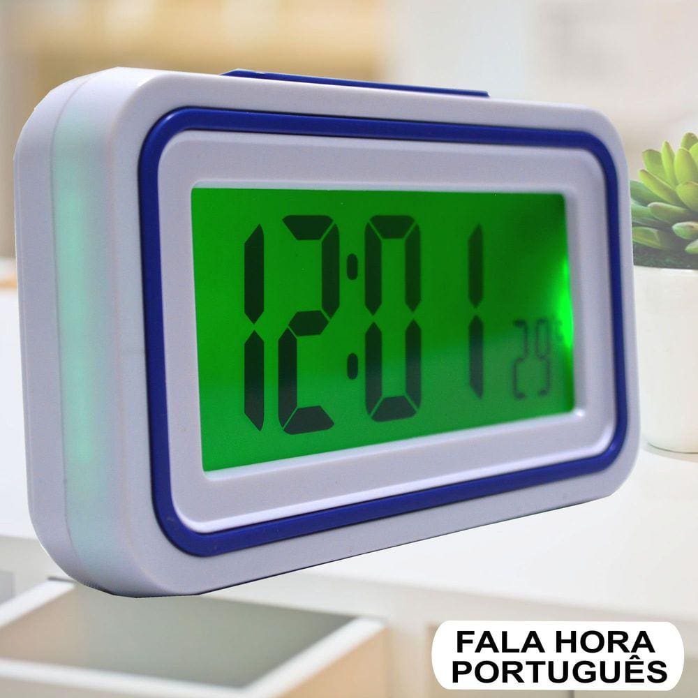 Relógio Digital LCD Fala Hora Em Português Azul CBRN09060