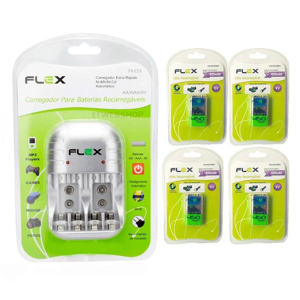 Carregador de Pilhas Flex C03 Com 4 Baterias 9v 450 mah Recarregável FX-9V/450