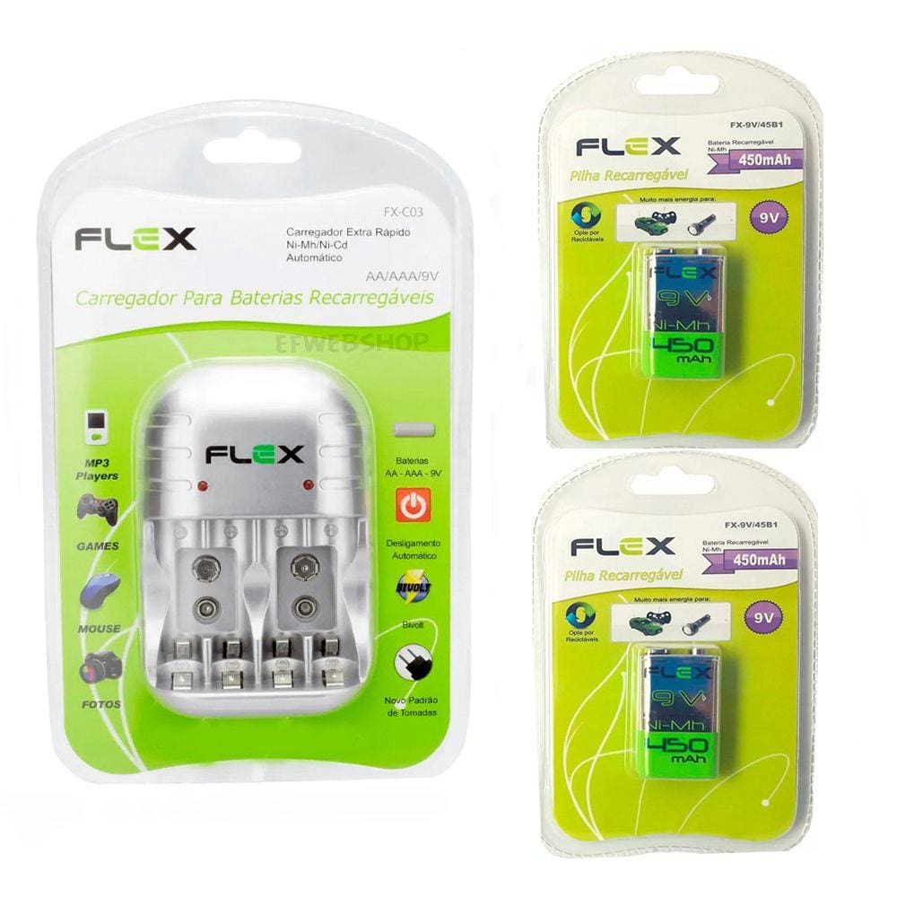 Carregador de Pilhas Flex C03 Com 2 Baterias 9v 450 mah Recarregável FX-9V/450