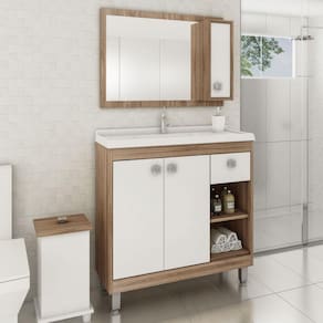 Conjunto para Banheiro Armário 3 Portas 1 Gaveta Espelheira C0082507 Ozini Castanho Argel/Branco