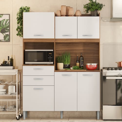 imagem-Armário de Cozinha 6 Portas 2 Gavetas Harmonia Demobile Amendola Branco Demóbile - Marrom