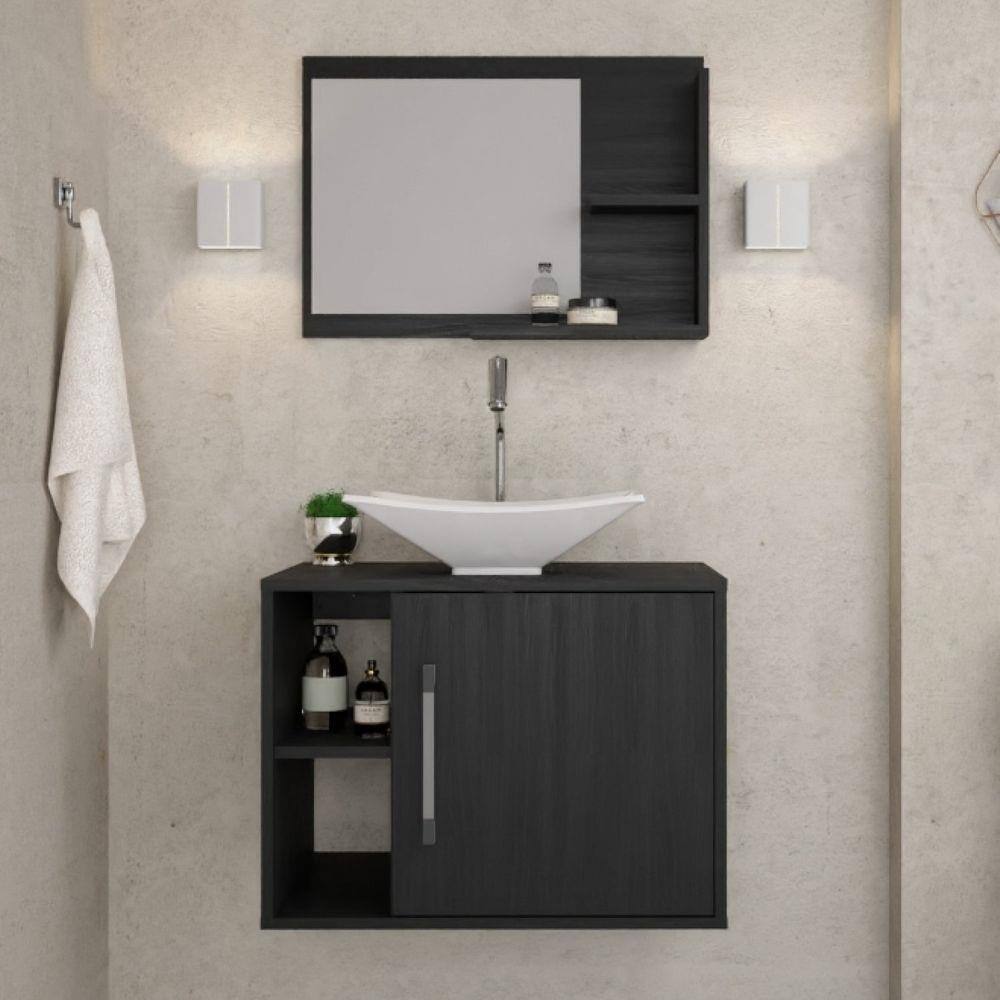 Conjunto para Banheiro Gabinete com Cuba Folha L38 e Espelheira Laura 600 Yescasa Preto Onix