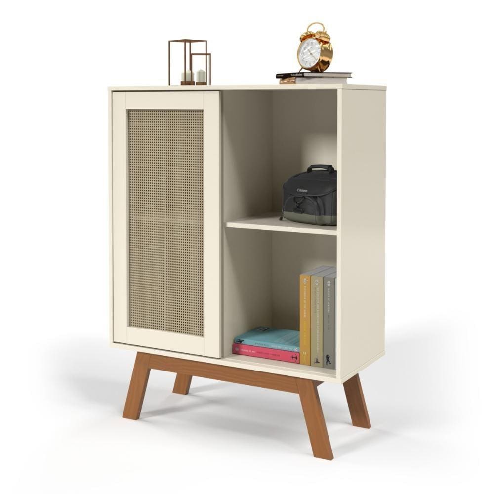 Balcao Alto Aparador Buffet com Porta de Correr Rattan pés em Madeira Off White Ofertamo
