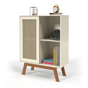 Balcao Alto Aparador Buffet com Porta de Correr Rattan pés em Madeira Off White Ofertamo