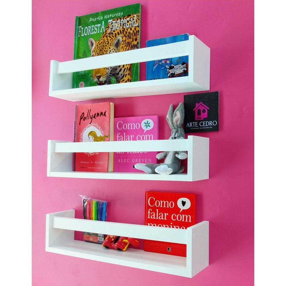Kit 3 Prateleiras Para Livros e Revistas Estante Organizadora de Brinquedos Nicho Revisteiro Mdf 55 cm
