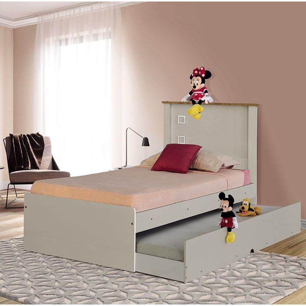Cama Solteiro Barcelona Off White e Madeira com Cama Auxiliar - Tebarrot