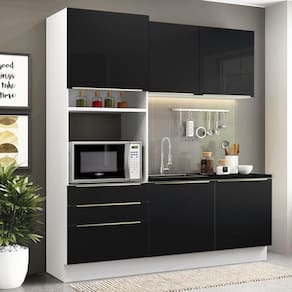 Cozinha Compacta Madesa Lux com Armário e Balcão 5 Portas 3 Gavetas - Branco/Preto