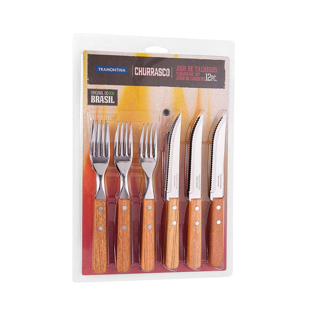 Conjunto de Talher Para Churrasco Tramontina em Inox com Cabo de Madeira 12 Peças