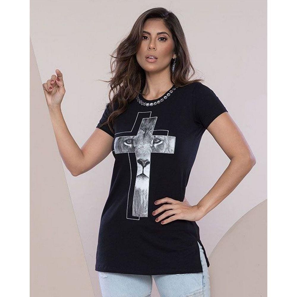 Camiseta Long Feminina Cruz Leão - Preta