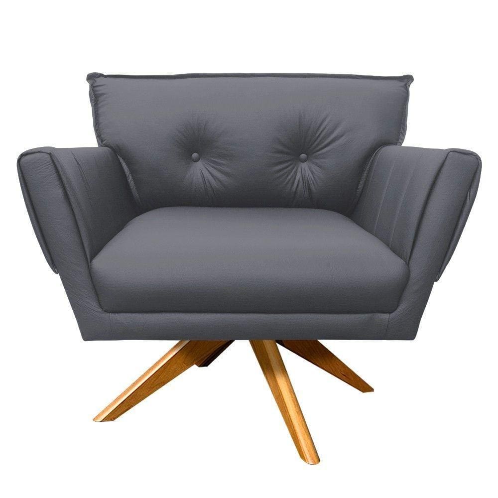 Poltrona Decorativa Anitta Corino Grafite Base Madeira