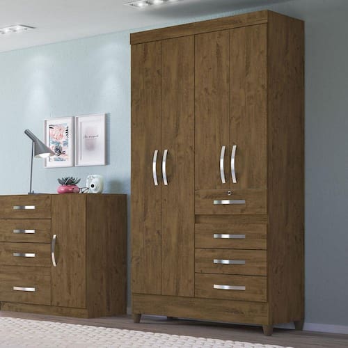 imagem-Guarda Roupa Solteiro 4 Portas 4 Gavetas com Chave Sobral Moval Castanho Wood - Marrom